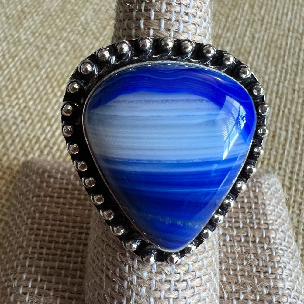 New Blue Botswana Agate Silver Overlay Ring Size 6.5 - 6.75